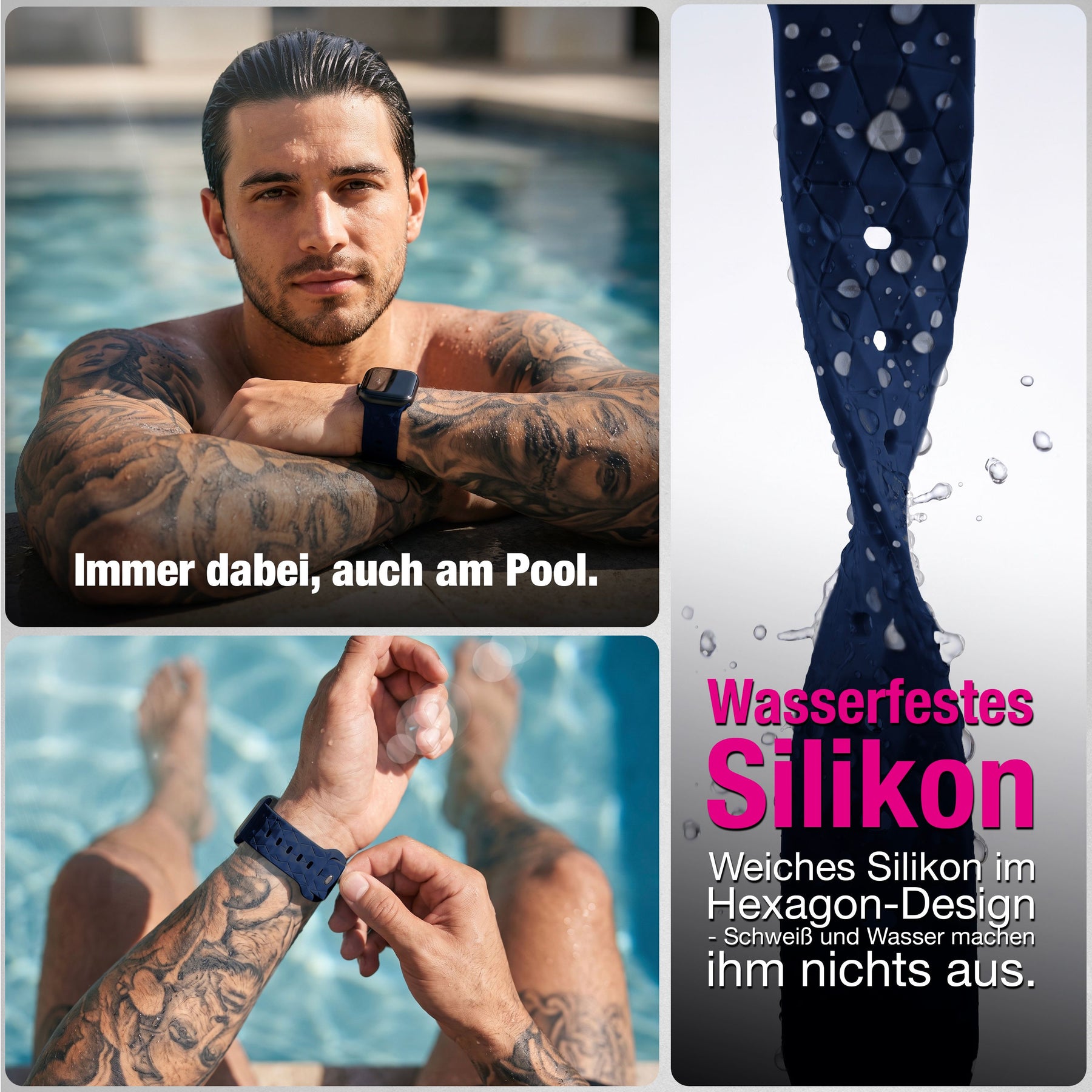 NALIA Hexion Armband kompatibel mit Apple Watch Armband Series SE/iWatch 10 9 8 7 6 5 4 3 2 1, 38/40/41/42mm, Silikon Loop mit Hexagon Design, Sportarmband Steck-Pin-Verschluss Marineblau NALIA Silikon Armband