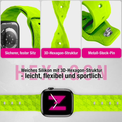 NALIA Hexion Armband kompatibel mit Apple Watch Armband Series SE/iWatch 10 9 8 7 6 5 4 3 2 1, 38/40/41/42mm, Silikon Loop mit Hexagon Design, Sportarmband Steck-Pin-Verschluss Neon Gelb NALIA Silikon Armband