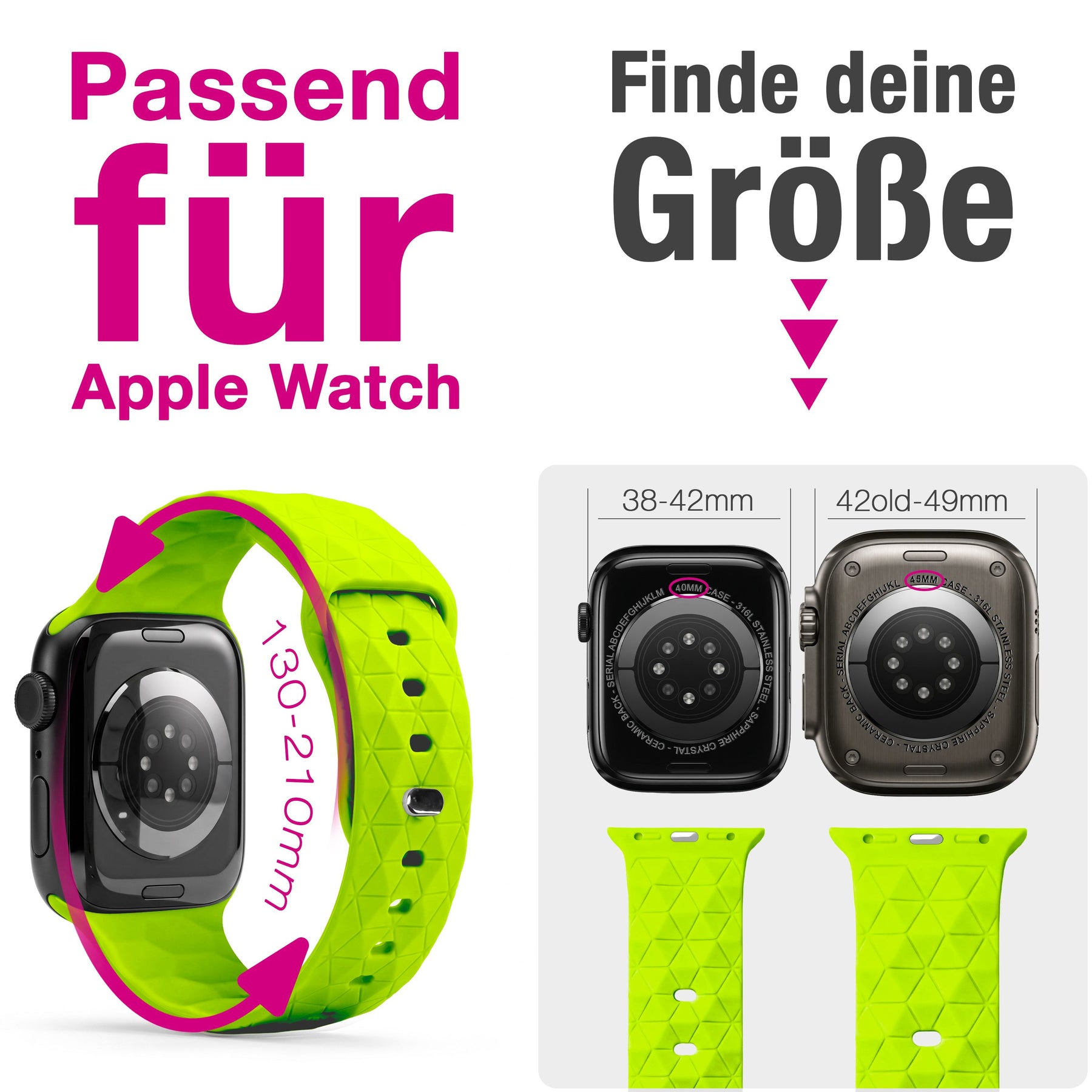 NALIA Hexion Armband kompatibel mit Apple Watch Armband Series SE/iWatch 10 9 8 7 6 5 4 3 2 1, 38/40/41/42mm, Silikon Loop mit Hexagon Design, Sportarmband Steck-Pin-Verschluss Neon Gelb NALIA Silikon Armband