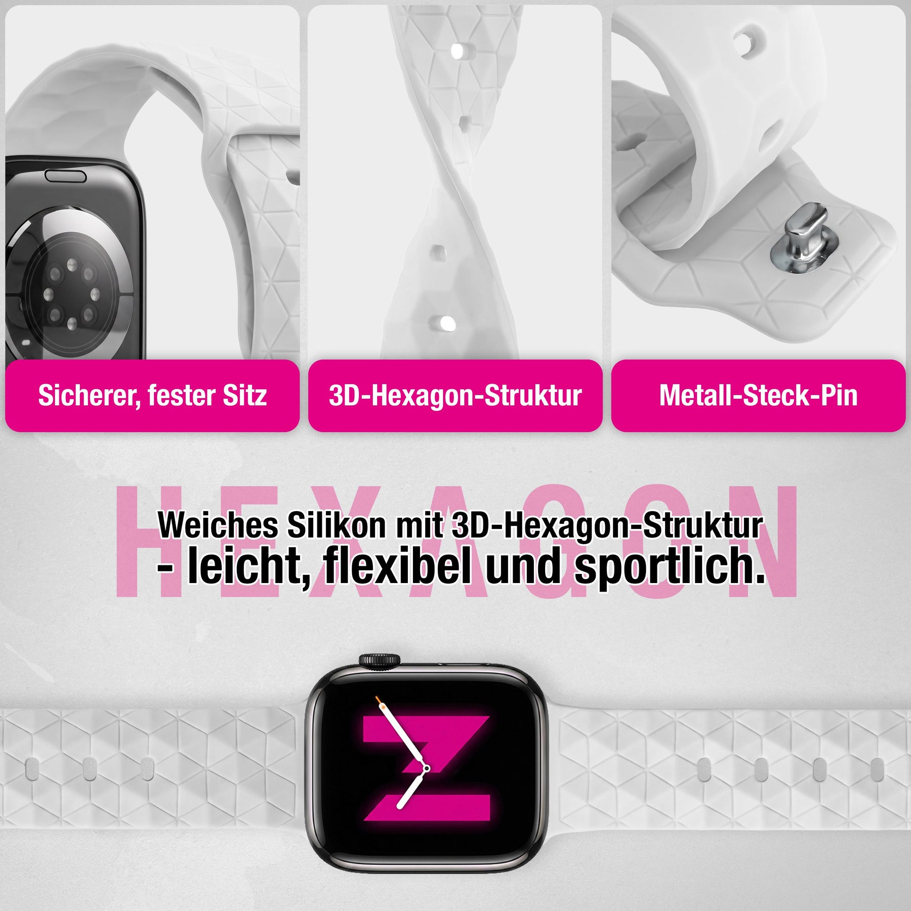 NALIA Hexion Armband kompatibel mit Apple Watch Armband Series SE/iWatch 10 9 8 7 6 5 4 3 2 1, 38/40/41/42mm, Silikon Loop mit Hexagon Design, Sportarmband Steck-Pin-Verschluss Polarweiß NALIA Silikon Armband