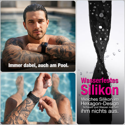 NALIA Hexion Armband kompatibel mit Apple Watch Armband Series SE/iWatch 10 9 8 7 6 5 4 3 2 1, 38/40/41/42mm, Silikon Loop mit Hexagon Design, Sportarmband Steck-Pin-Verschluss Tiefschwarz NALIA Silikon Armband