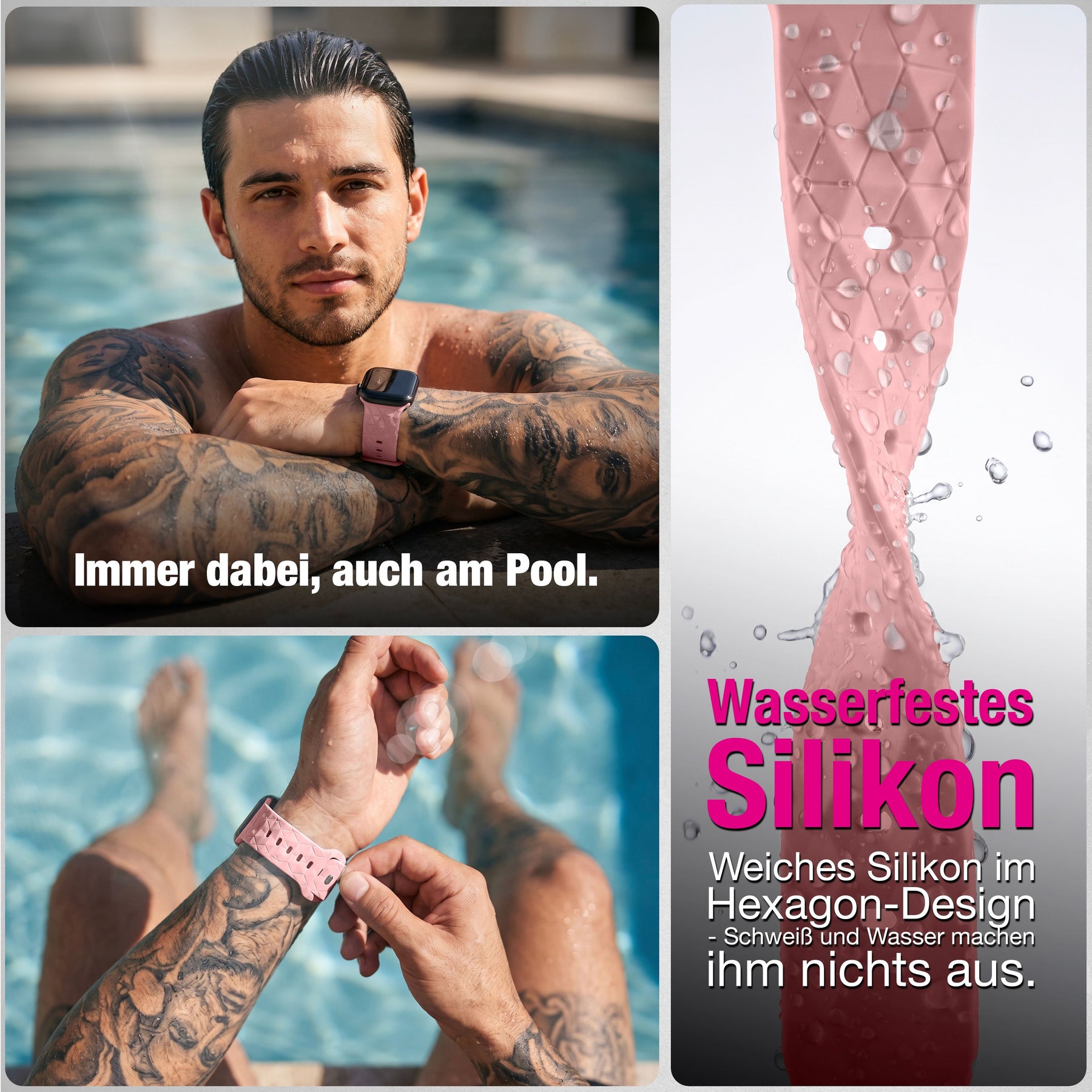 NALIA Hexion Armband kompatibel mit Apple Watch Armband Series SE/iWatch 10 9 8 7 6 5 4 3 2 1, 38/40/41/42mm, Silikon Loop mit Hexagon Design, Sportarmband Steck-Pin-Verschluss Zartrosa NALIA Silikon Armband