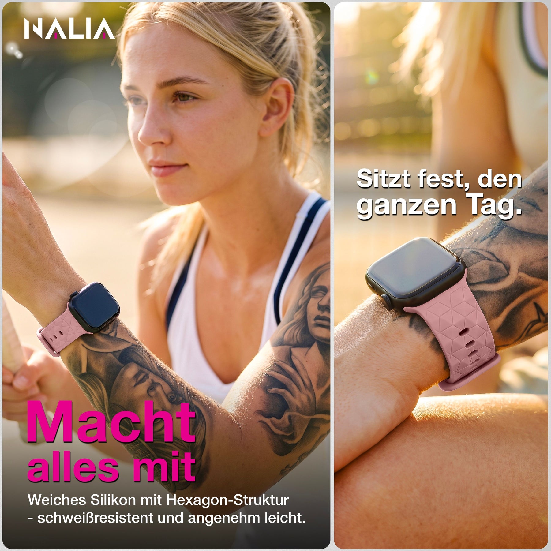 NALIA Hexion Armband kompatibel mit Apple Watch Armband Series SE/iWatch 10 9 8 7 6 5 4 3 2 1, 38/40/41/42mm, Silikon Loop mit Hexagon Design, Sportarmband Steck-Pin-Verschluss Zartrosa NALIA Silikon Armband