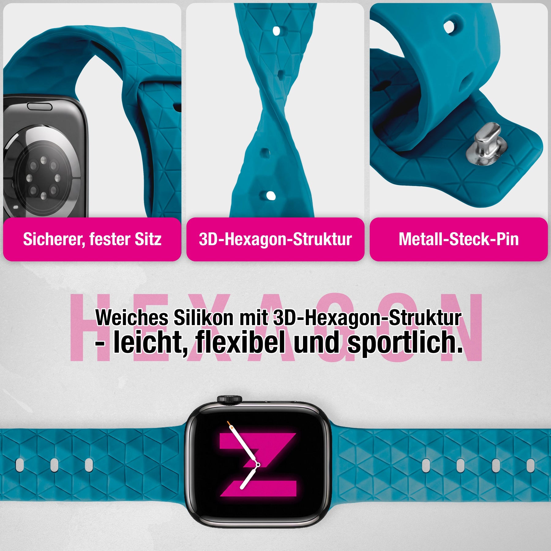 NALIA Hexion Silikon Armband kompatibel mit Apple Watch Armband iWatch Series Ultra/SE 10 9 8 7 6 5 4 3 2 1, 42/44/45/46/49mm, Watch Silikonband Sportarmband mit Steck-Pin Atlantikblau NALIA Silikon Armband