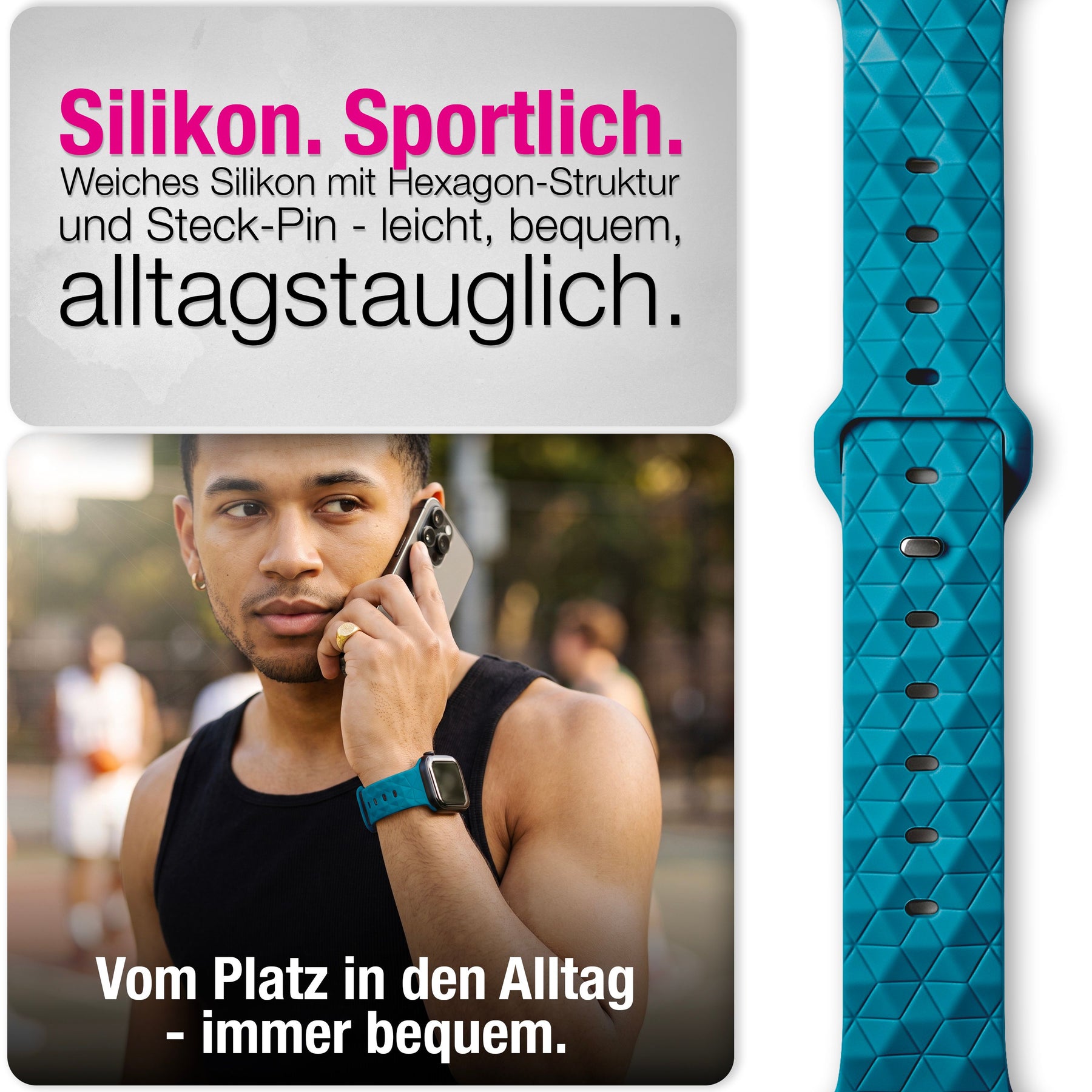 NALIA Hexion Silikon Armband kompatibel mit Apple Watch Armband iWatch Series Ultra/SE 10 9 8 7 6 5 4 3 2 1, 42/44/45/46/49mm, Watch Silikonband Sportarmband mit Steck-Pin Atlantikblau NALIA Silikon Armband