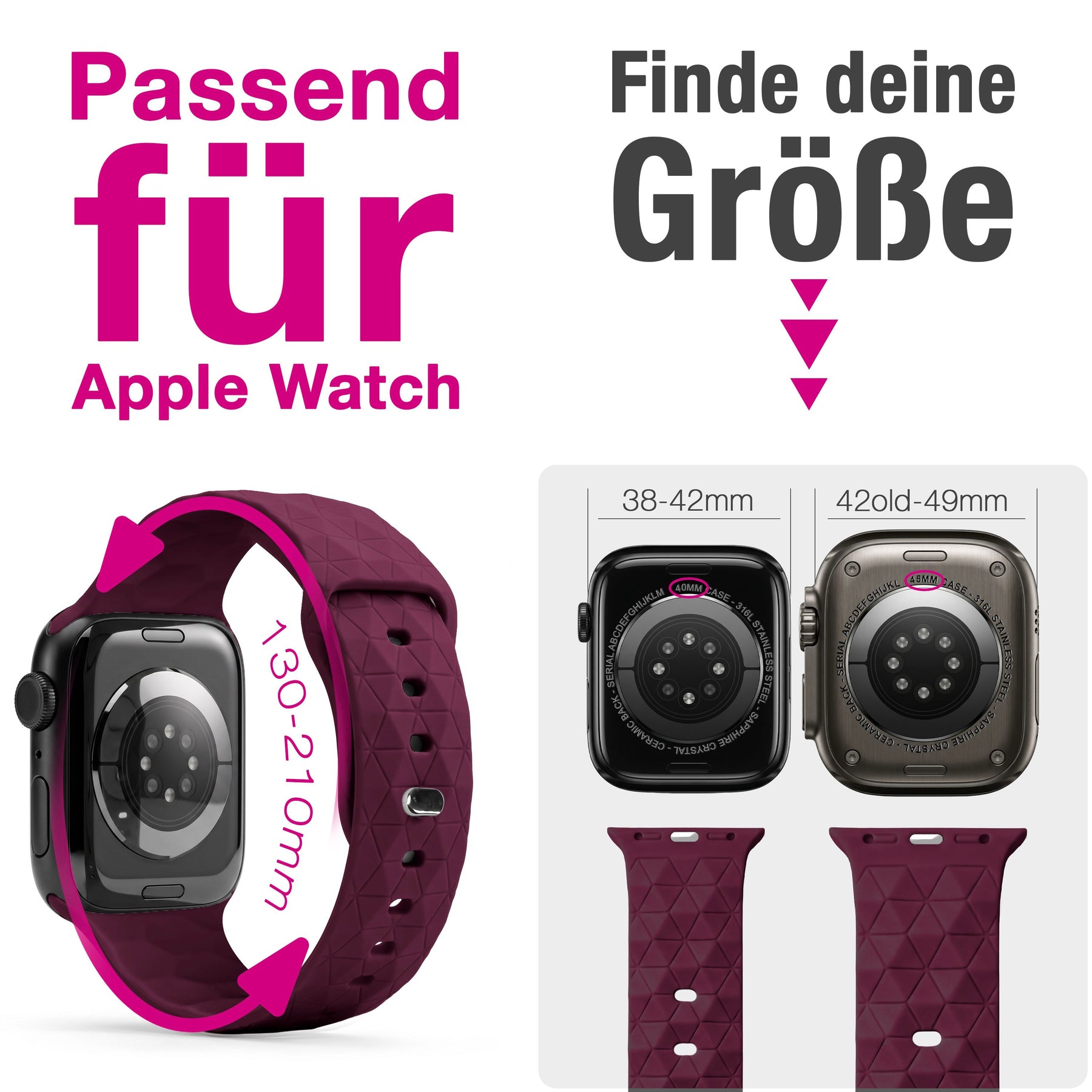 NALIA Hexion Silikon Armband kompatibel mit Apple Watch Armband iWatch Series Ultra/SE 10 9 8 7 6 5 4 3 2 1, 42/44/45/46/49mm, Watch Silikonband Sportarmband mit Steck-Pin Bordeauxrot NALIA Silikon Armband
