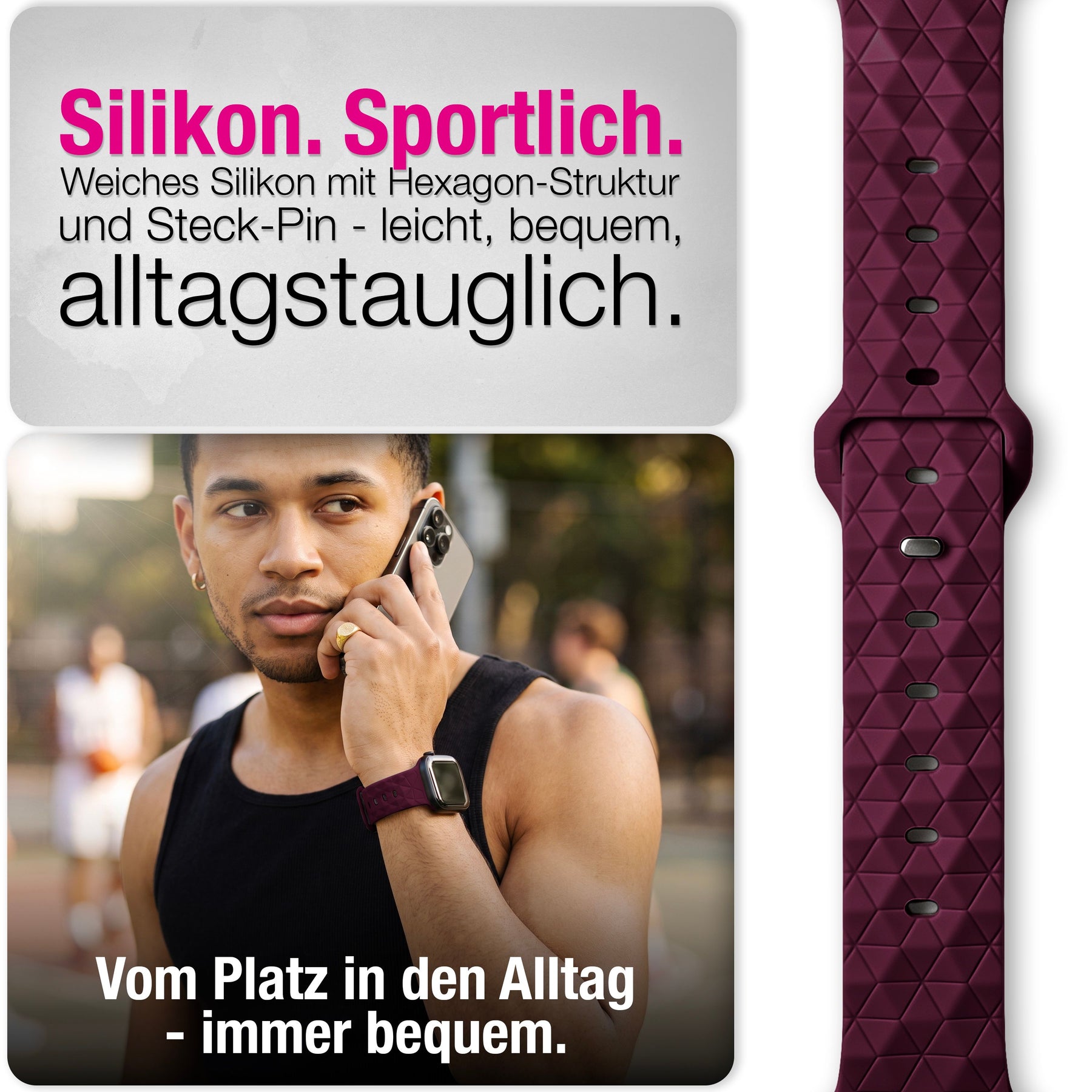 NALIA Hexion Silikon Armband kompatibel mit Apple Watch Armband iWatch Series Ultra/SE 10 9 8 7 6 5 4 3 2 1, 42/44/45/46/49mm, Watch Silikonband Sportarmband mit Steck-Pin Bordeauxrot NALIA Silikon Armband