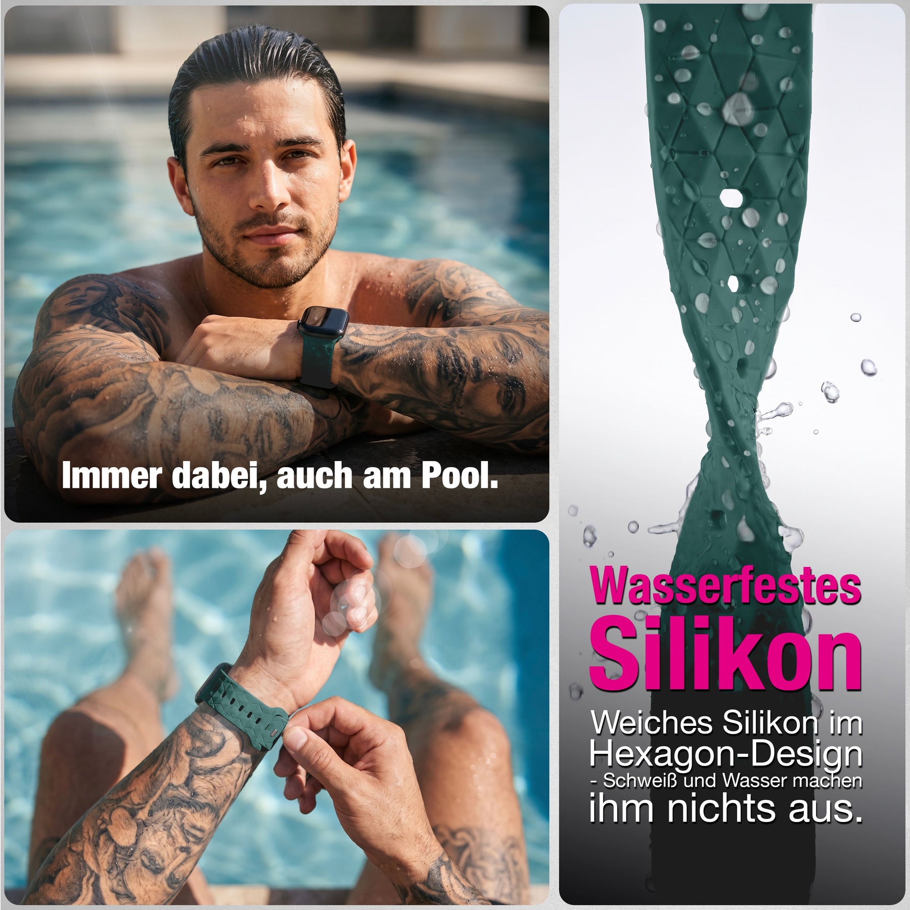 NALIA Hexion Silikon Armband kompatibel mit Apple Watch Armband iWatch Series Ultra/SE 10 9 8 7 6 5 4 3 2 1, 42/44/45/46/49mm, Watch Silikonband Sportarmband mit Steck-Pin Fichtengrün NALIA Silikon Armband
