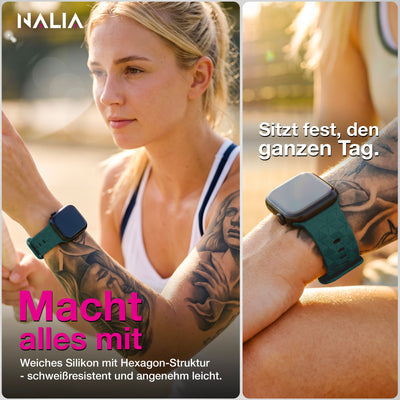 NALIA Hexion Silikon Armband kompatibel mit Apple Watch Armband iWatch Series Ultra/SE 10 9 8 7 6 5 4 3 2 1, 42/44/45/46/49mm, Watch Silikonband Sportarmband mit Steck-Pin Fichtengrün NALIA Silikon Armband