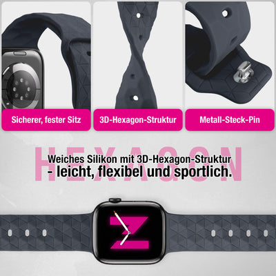 NALIA Hexion Silikon Armband kompatibel mit Apple Watch Armband iWatch Series Ultra/SE 10 9 8 7 6 5 4 3 2 1, 42/44/45/46/49mm, Watch Silikonband Sportarmband mit Steck-Pin Graphitgrau NALIA Silikon Armband