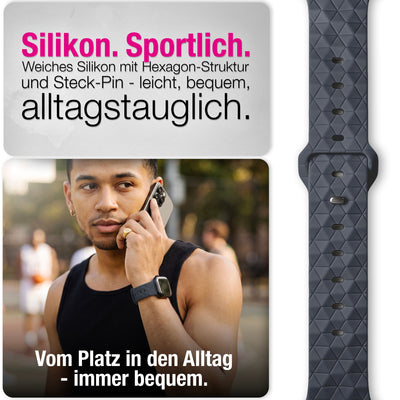 NALIA Hexion Silikon Armband kompatibel mit Apple Watch Armband iWatch Series Ultra/SE 10 9 8 7 6 5 4 3 2 1, 42/44/45/46/49mm, Watch Silikonband Sportarmband mit Steck-Pin Graphitgrau NALIA Silikon Armband