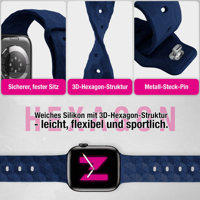 NALIA Hexion Silikon Armband kompatibel mit Apple Watch Armband iWatch Series Ultra/SE 10 9 8 7 6 5 4 3 2 1, 42/44/45/46/49mm, Watch Silikonband Sportarmband mit Steck-Pin Marineblau NALIA Silikon Armband