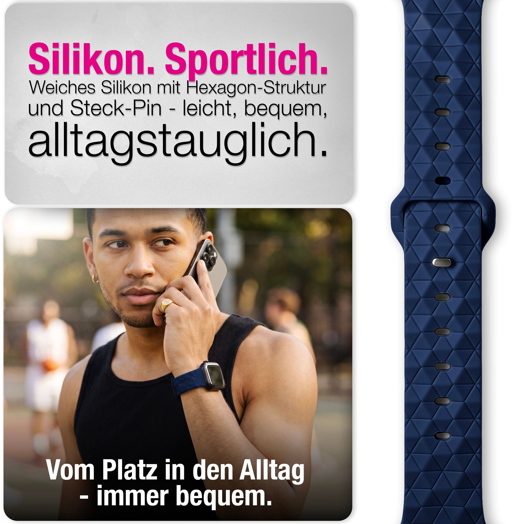 NALIA Hexion Silikon Armband kompatibel mit Apple Watch Armband iWatch Series Ultra/SE 10 9 8 7 6 5 4 3 2 1, 42/44/45/46/49mm, Watch Silikonband Sportarmband mit Steck-Pin Marineblau NALIA Silikon Armband
