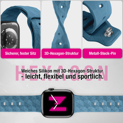 NALIA Hexion Silikon Armband kompatibel mit Apple Watch Armband iWatch Series Ultra/SE 10 9 8 7 6 5 4 3 2 1, 42/44/45/46/49mm, Watch Silikonband Sportarmband mit Steck-Pin Nebelblau NALIA Silikon Armband