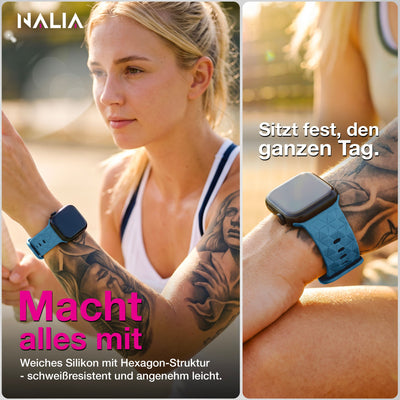 NALIA Hexion Silikon Armband kompatibel mit Apple Watch Armband iWatch Series Ultra/SE 10 9 8 7 6 5 4 3 2 1, 42/44/45/46/49mm, Watch Silikonband Sportarmband mit Steck-Pin Nebelblau NALIA Silikon Armband