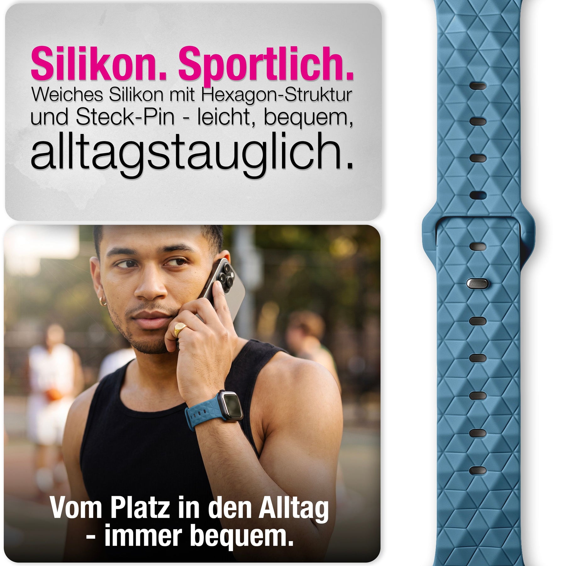 NALIA Hexion Silikon Armband kompatibel mit Apple Watch Armband iWatch Series Ultra/SE 10 9 8 7 6 5 4 3 2 1, 42/44/45/46/49mm, Watch Silikonband Sportarmband mit Steck-Pin Nebelblau NALIA Silikon Armband