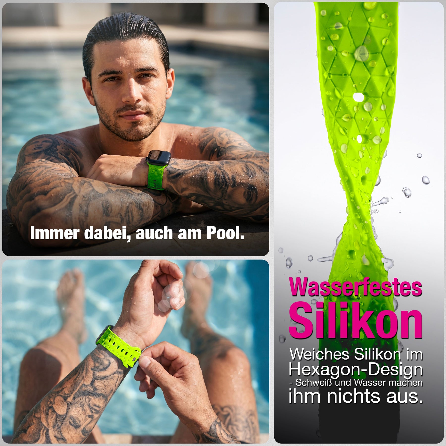 NALIA Hexion Silikon Armband kompatibel mit Apple Watch Armband iWatch Series Ultra/SE 10 9 8 7 6 5 4 3 2 1, 42/44/45/46/49mm, Watch Silikonband Sportarmband mit Steck-Pin Neon Gelb NALIA Silikon Armband