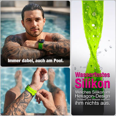 NALIA Hexion Silikon Armband kompatibel mit Apple Watch Armband iWatch Series Ultra/SE 10 9 8 7 6 5 4 3 2 1, 42/44/45/46/49mm, Watch Silikonband Sportarmband mit Steck-Pin Neon Gelb NALIA Silikon Armband