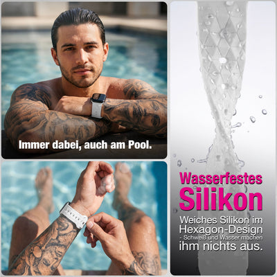 NALIA Hexion Silikon Armband kompatibel mit Apple Watch Armband iWatch Series Ultra/SE 10 9 8 7 6 5 4 3 2 1, 42/44/45/46/49mm, Watch Silikonband Sportarmband mit Steck-Pin Polarweiß NALIA Silikon Armband