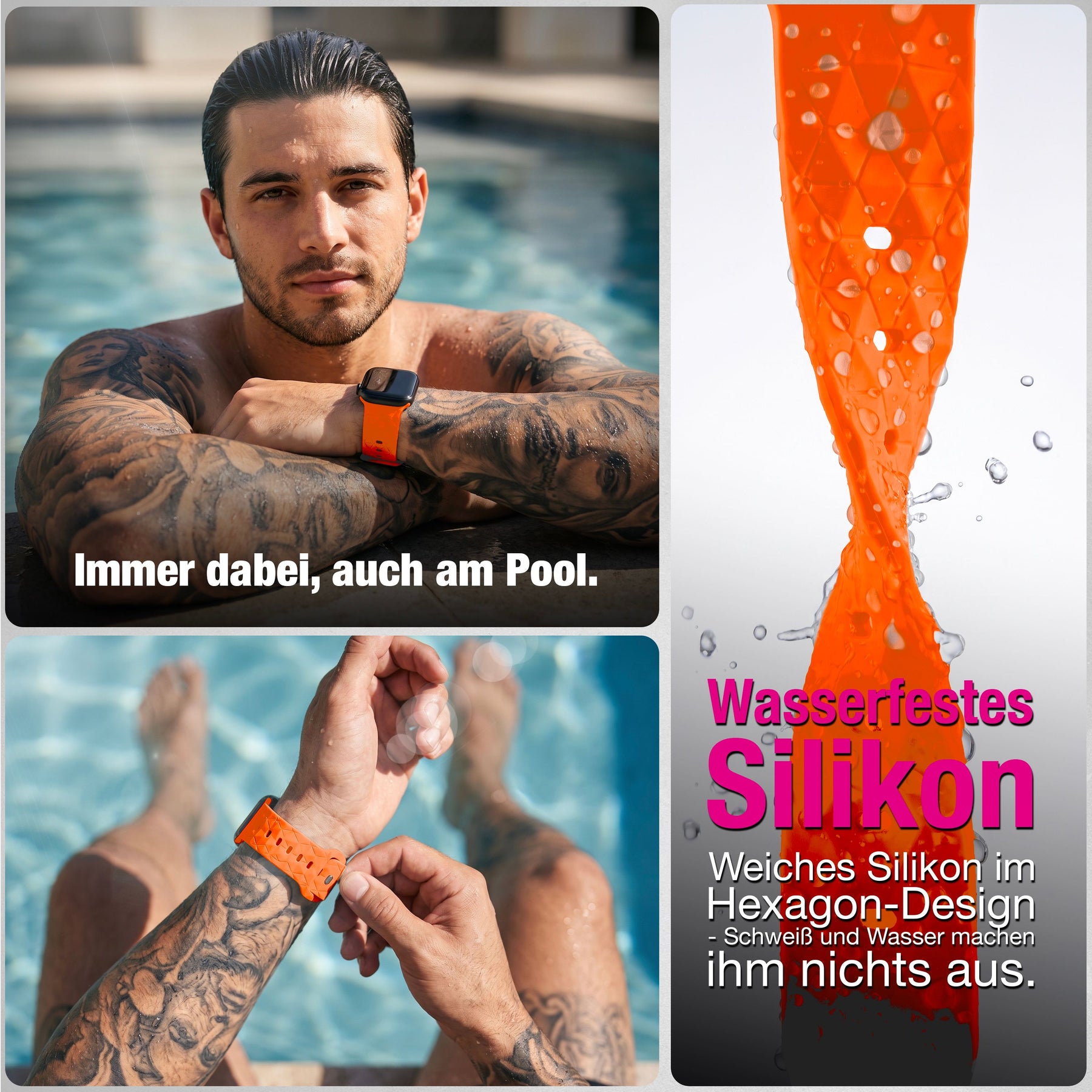 NALIA Hexion Silikon Armband kompatibel mit Apple Watch Armband iWatch Series Ultra/SE 10 9 8 7 6 5 4 3 2 1, 42/44/45/46/49mm, Watch Silikonband Sportarmband mit Steck-Pin Sonnenorange NALIA Silikon Armband