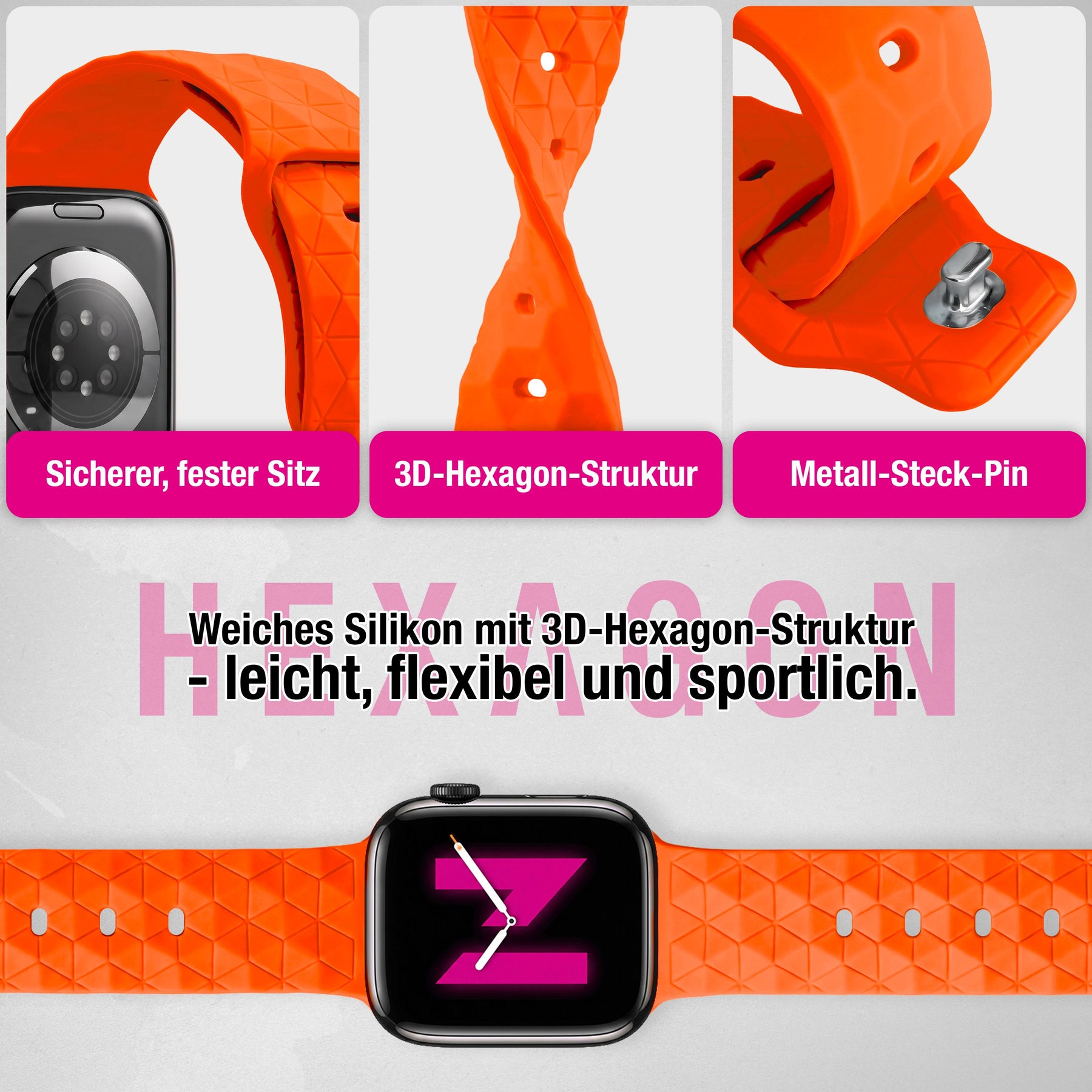 NALIA Hexion Silikon Armband kompatibel mit Apple Watch Armband iWatch Series Ultra/SE 10 9 8 7 6 5 4 3 2 1, 42/44/45/46/49mm, Watch Silikonband Sportarmband mit Steck-Pin Sonnenorange NALIA Silikon Armband