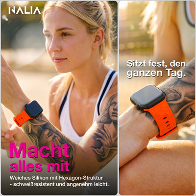 NALIA Hexion Silikon Armband kompatibel mit Apple Watch Armband iWatch Series Ultra/SE 10 9 8 7 6 5 4 3 2 1, 42/44/45/46/49mm, Watch Silikonband Sportarmband mit Steck-Pin Sonnenorange NALIA Silikon Armband