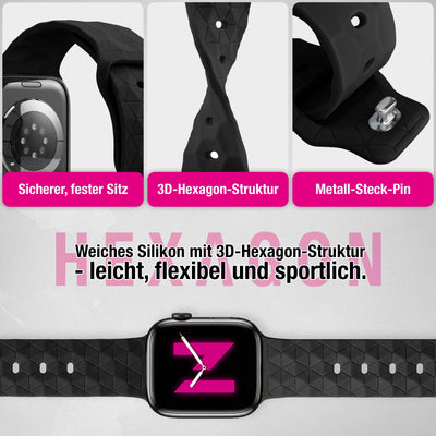 NALIA Hexion Silikon Armband kompatibel mit Apple Watch Armband iWatch Series Ultra/SE 10 9 8 7 6 5 4 3 2 1, 42/44/45/46/49mm, Watch Silikonband Sportarmband mit Steck-Pin Tiefschwarz NALIA Silikon Armband