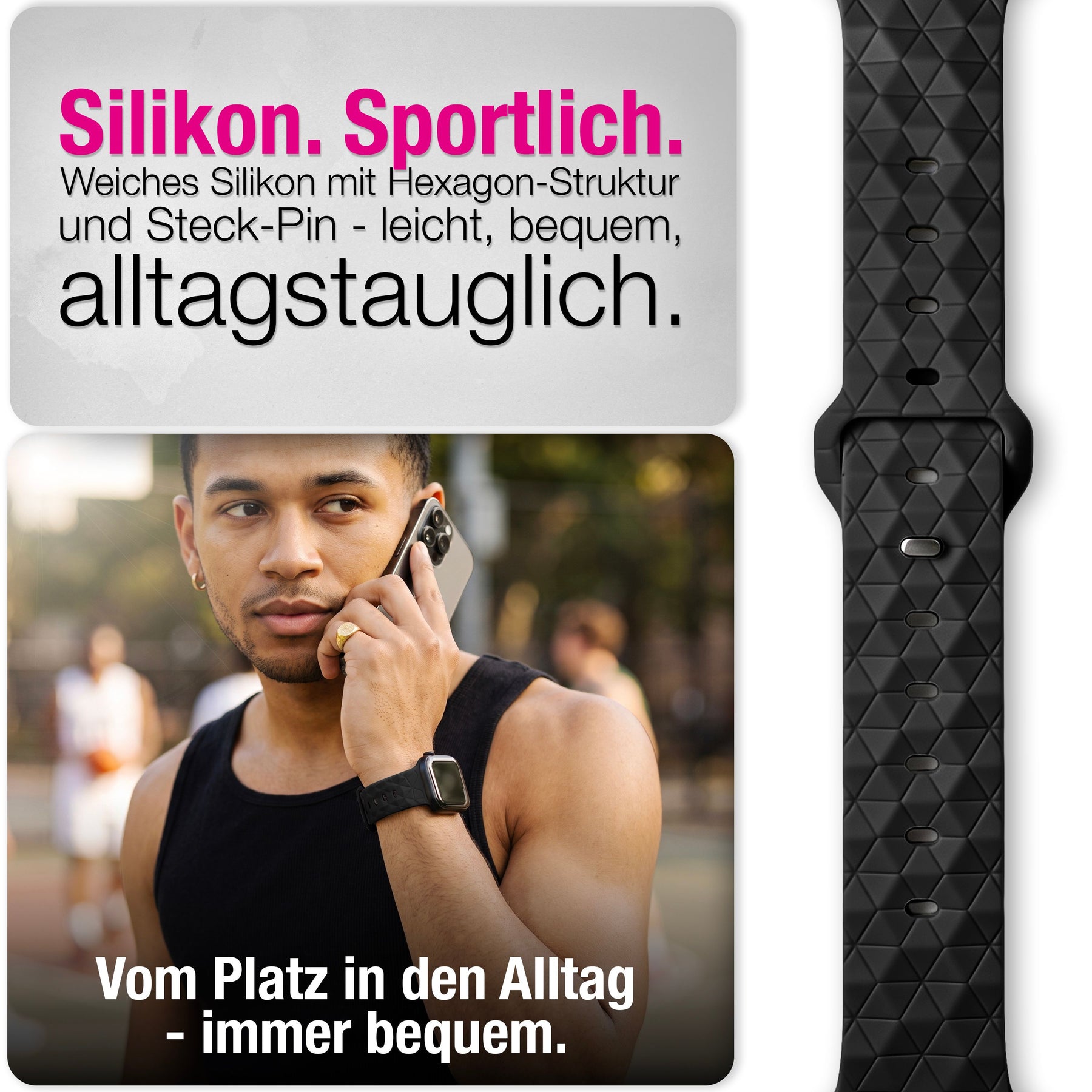 NALIA Hexion Silikon Armband kompatibel mit Apple Watch Armband iWatch Series Ultra/SE 10 9 8 7 6 5 4 3 2 1, 42/44/45/46/49mm, Watch Silikonband Sportarmband mit Steck-Pin Tiefschwarz NALIA Silikon Armband