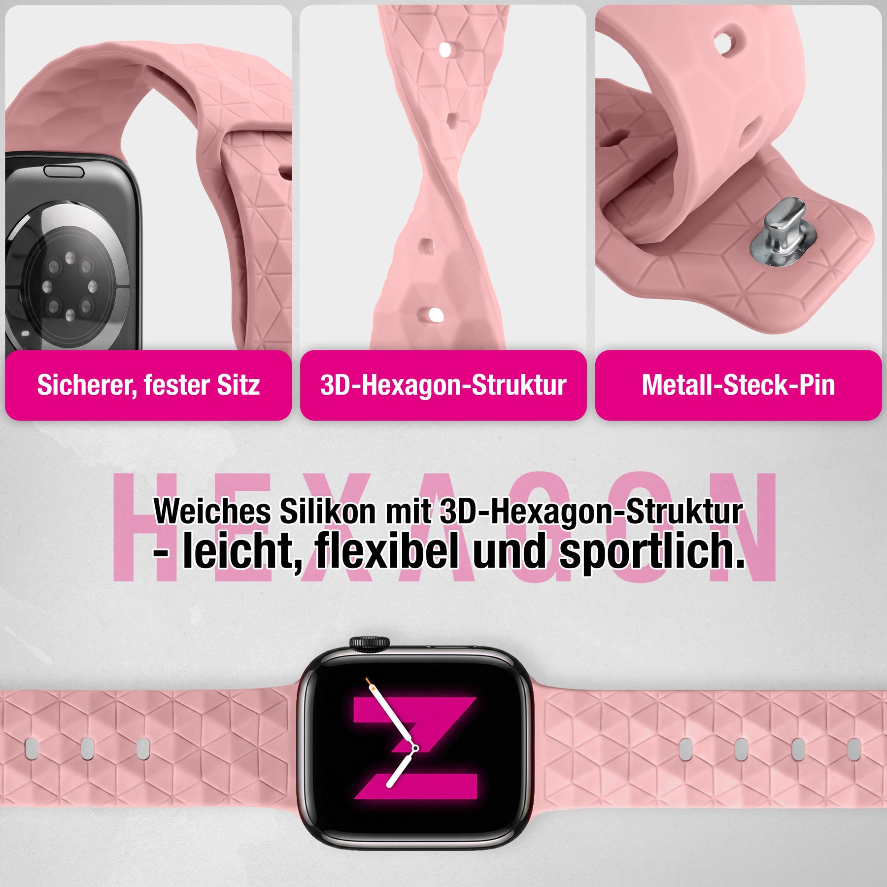 NALIA Hexion Silikon Armband kompatibel mit Apple Watch Armband iWatch Series Ultra/SE 10 9 8 7 6 5 4 3 2 1, 42/44/45/46/49mm, Watch Silikonband Sportarmband mit Steck-Pin Zartrosa NALIA Silikon Armband