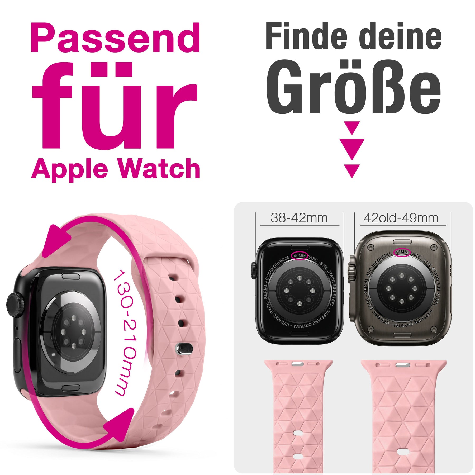 NALIA Hexion Silikon Armband kompatibel mit Apple Watch Armband iWatch Series Ultra/SE 10 9 8 7 6 5 4 3 2 1, 42/44/45/46/49mm, Watch Silikonband Sportarmband mit Steck-Pin Zartrosa NALIA Silikon Armband