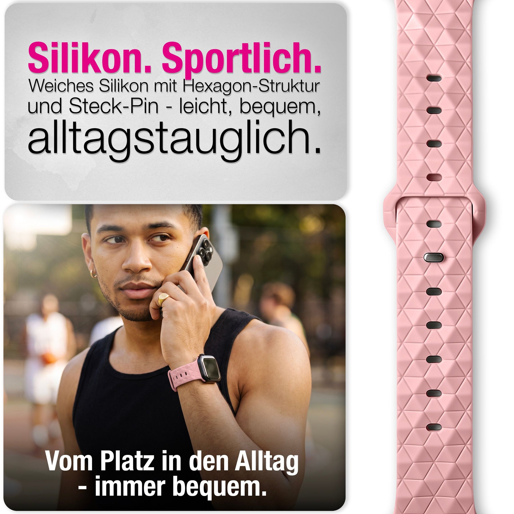 NALIA Hexion Silikon Armband kompatibel mit Apple Watch Armband iWatch Series Ultra/SE 10 9 8 7 6 5 4 3 2 1, 42/44/45/46/49mm, Watch Silikonband Sportarmband mit Steck-Pin Zartrosa NALIA Silikon Armband