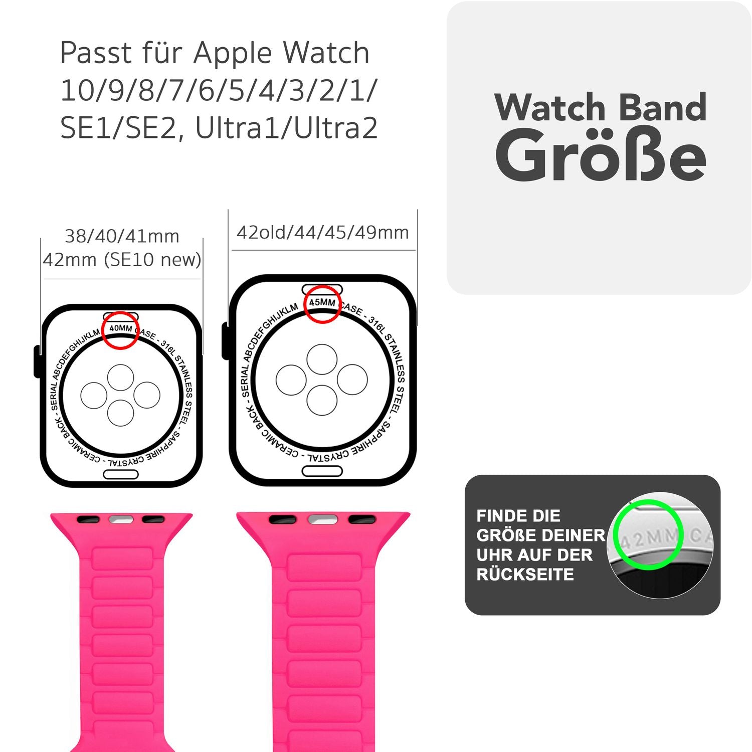 NALIA Pulse Armband für Apple Watch Series SE/10/9/8/7/6/5/4/3/2/1, Gehäusegröße 38/40/41/42mm, 3D Textur Silikon Sportarmband mit Steck-Pin Verschluss Neon Pink NALIA Silikon Armband