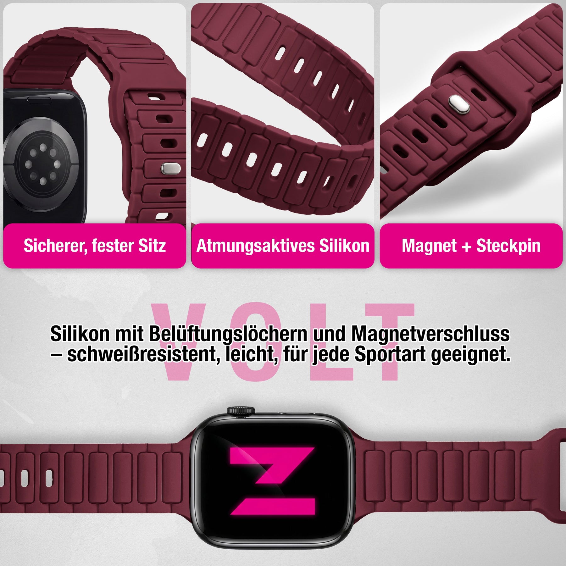 NALIA Pulse Silikon Armband kompatibel mit Apple Watch Armband iWatch Series SE/10/9/8/7/6/5/4/3/2/1, 38/40/41/42mm, 3D Textur Sportarmband mit Steck-Pin Verschluss Bordeauxrot NALIA Silikon Armband