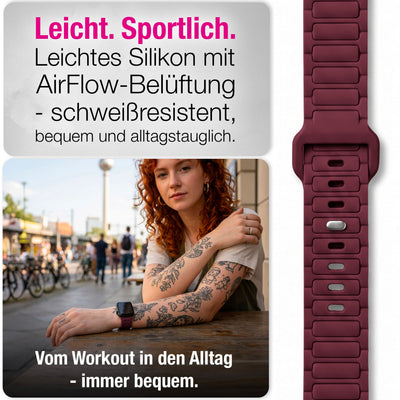 NALIA Pulse Silikon Armband kompatibel mit Apple Watch Armband iWatch Series SE/10/9/8/7/6/5/4/3/2/1, 38/40/41/42mm, 3D Textur Sportarmband mit Steck-Pin Verschluss Bordeauxrot NALIA Silikon Armband