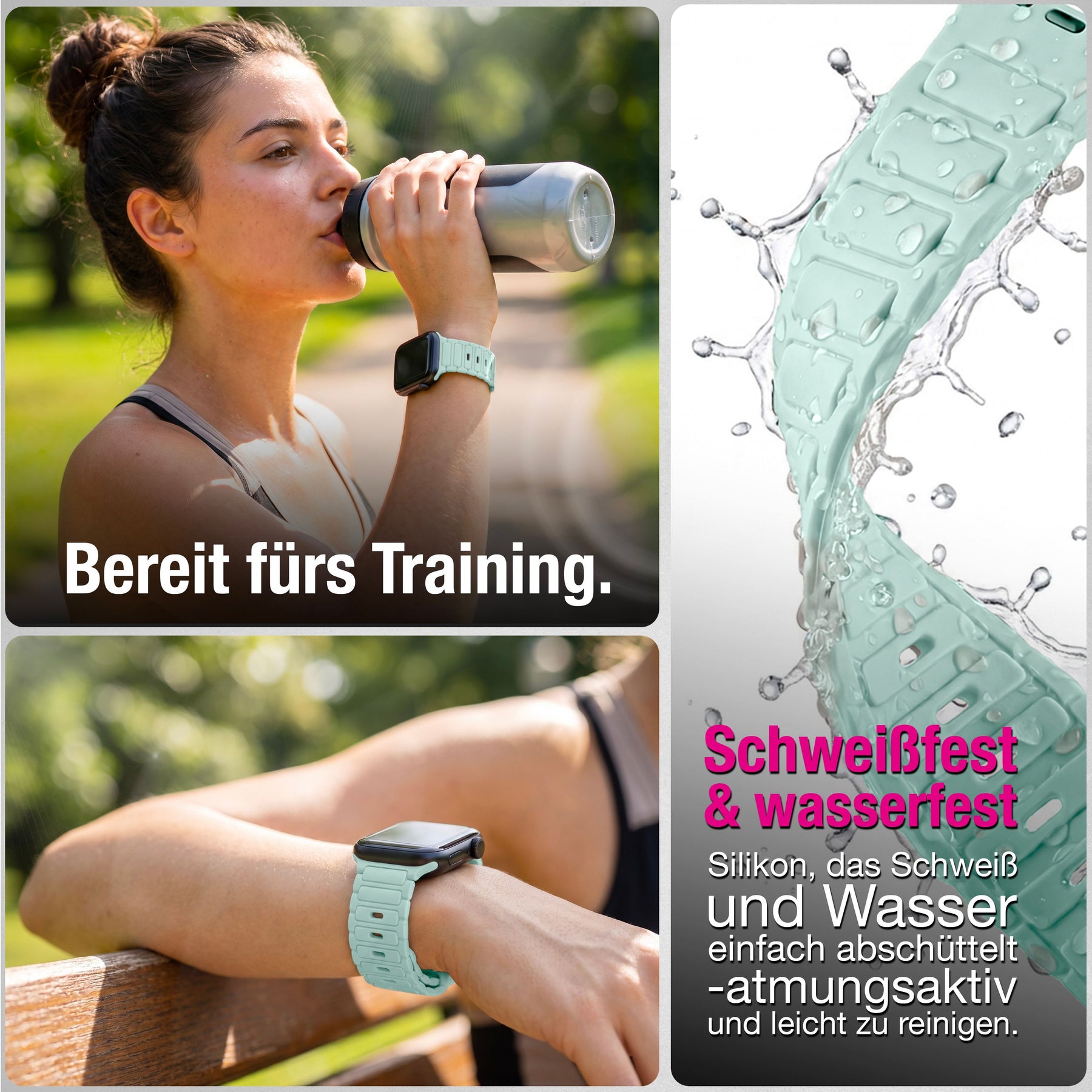 NALIA Pulse Silikon Armband kompatibel mit Apple Watch Armband iWatch Series SE/10/9/8/7/6/5/4/3/2/1, 38/40/41/42mm, 3D Textur Sportarmband mit Steck-Pin Verschluss Eisminze NALIA Silikon Armband