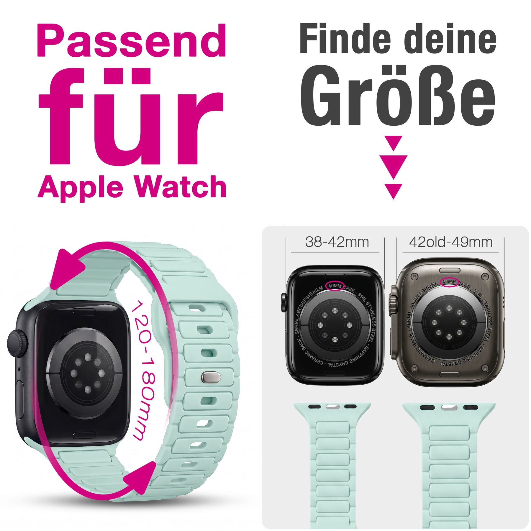 NALIA Pulse Silikon Armband kompatibel mit Apple Watch Armband iWatch Series SE/10/9/8/7/6/5/4/3/2/1, 38/40/41/42mm, 3D Textur Sportarmband mit Steck-Pin Verschluss Eisminze NALIA Silikon Armband