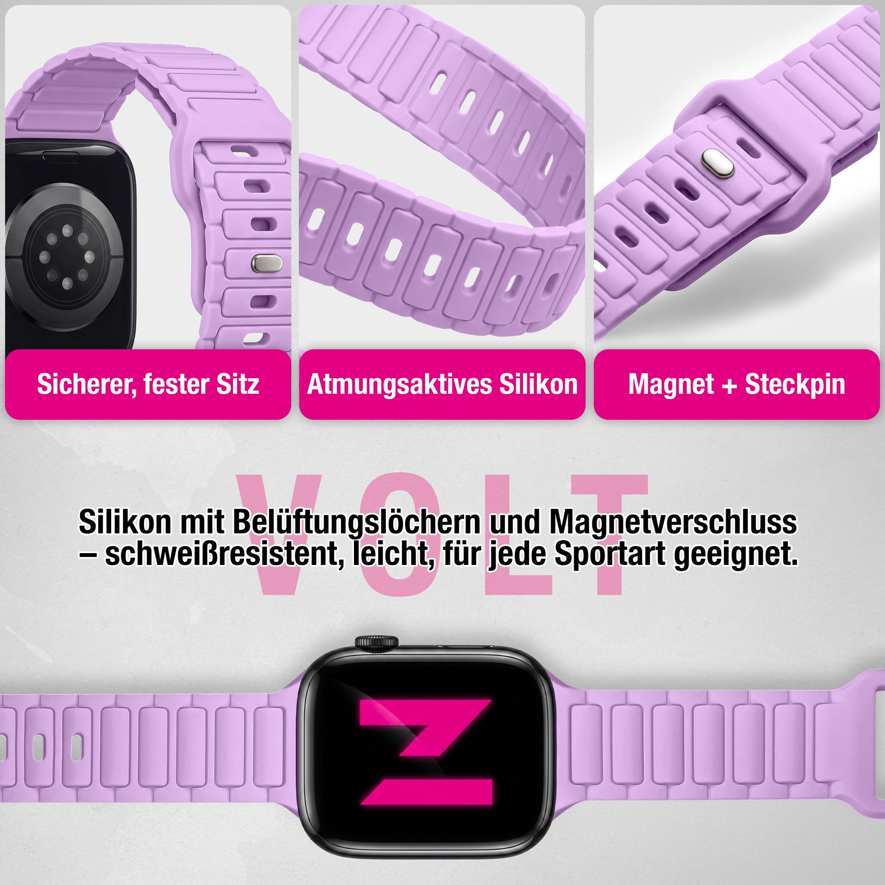 NALIA Pulse Silikon Armband kompatibel mit Apple Watch Armband iWatch Series SE/10/9/8/7/6/5/4/3/2/1, 38/40/41/42mm, 3D Textur Sportarmband mit Steck-Pin Verschluss Flieder Lila NALIA Silikon Armband