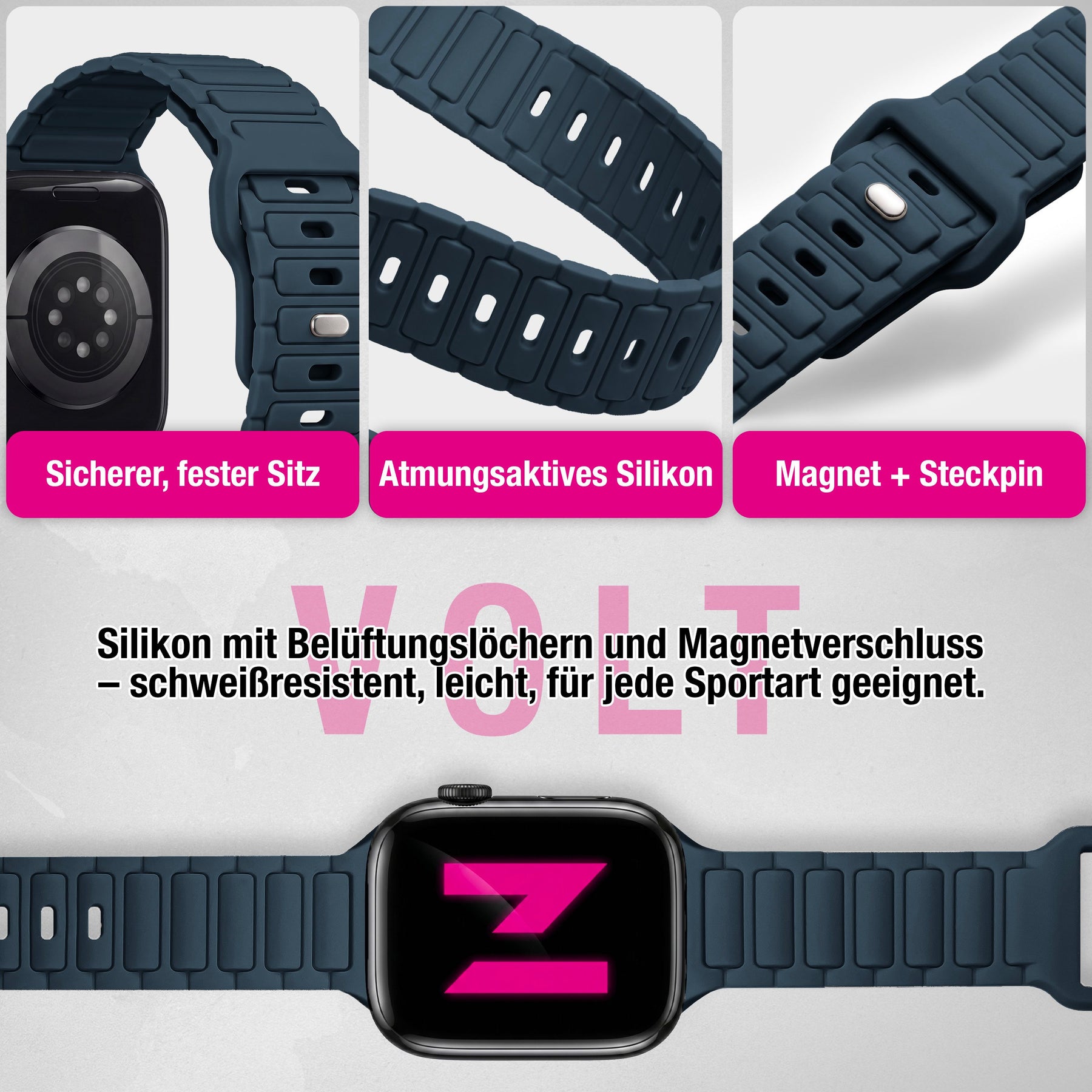 NALIA Pulse Silikon Armband kompatibel mit Apple Watch Armband iWatch Series SE/10/9/8/7/6/5/4/3/2/1, 38/40/41/42mm, 3D Textur Sportarmband mit Steck-Pin Verschluss Marineblau NALIA Silikon Armband