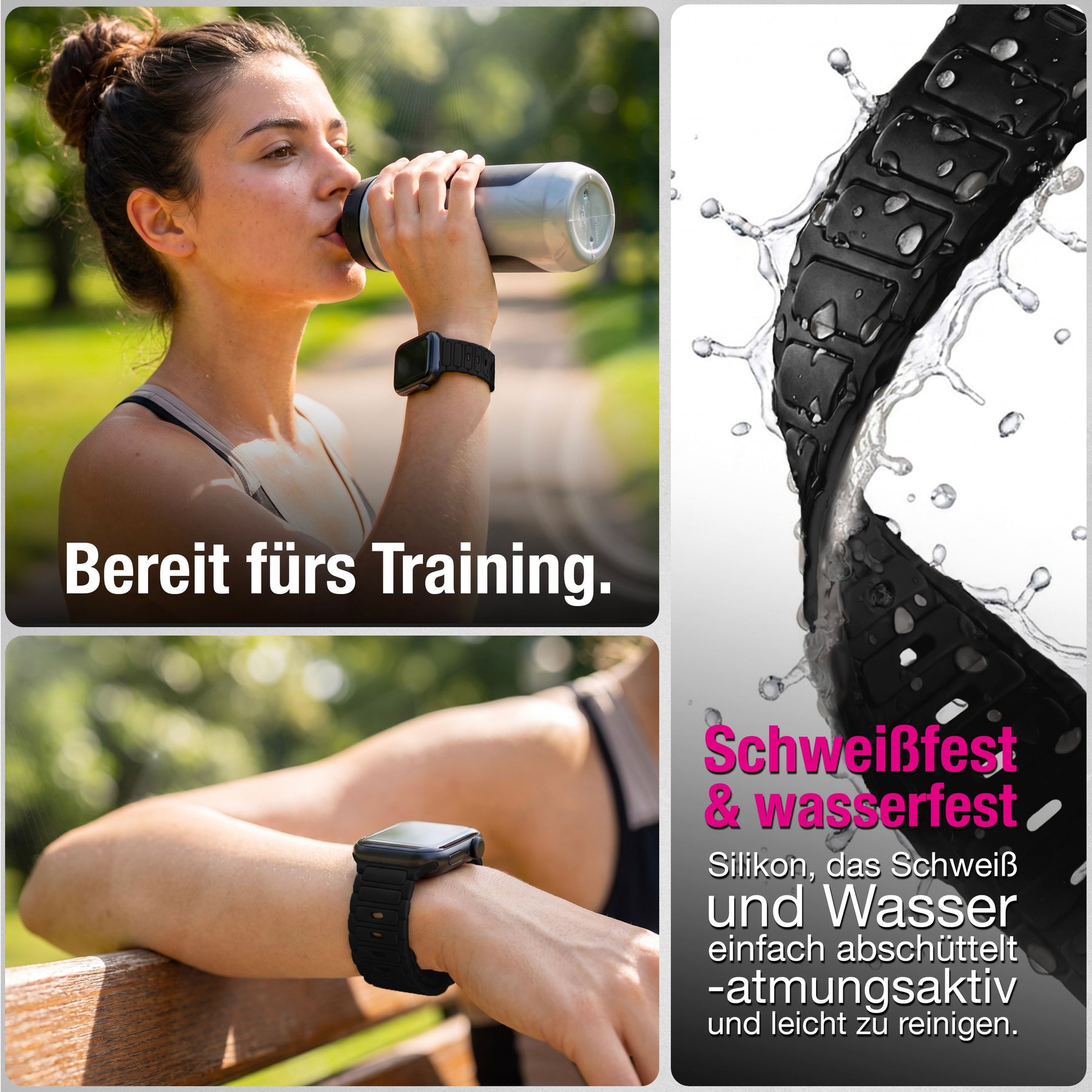 NALIA Pulse Silikon Armband kompatibel mit Apple Watch Armband iWatch Series SE/10/9/8/7/6/5/4/3/2/1, 38/40/41/42mm, 3D Textur Sportarmband mit Steck-Pin Verschluss Nachtschwarz NALIA Silikon Armband