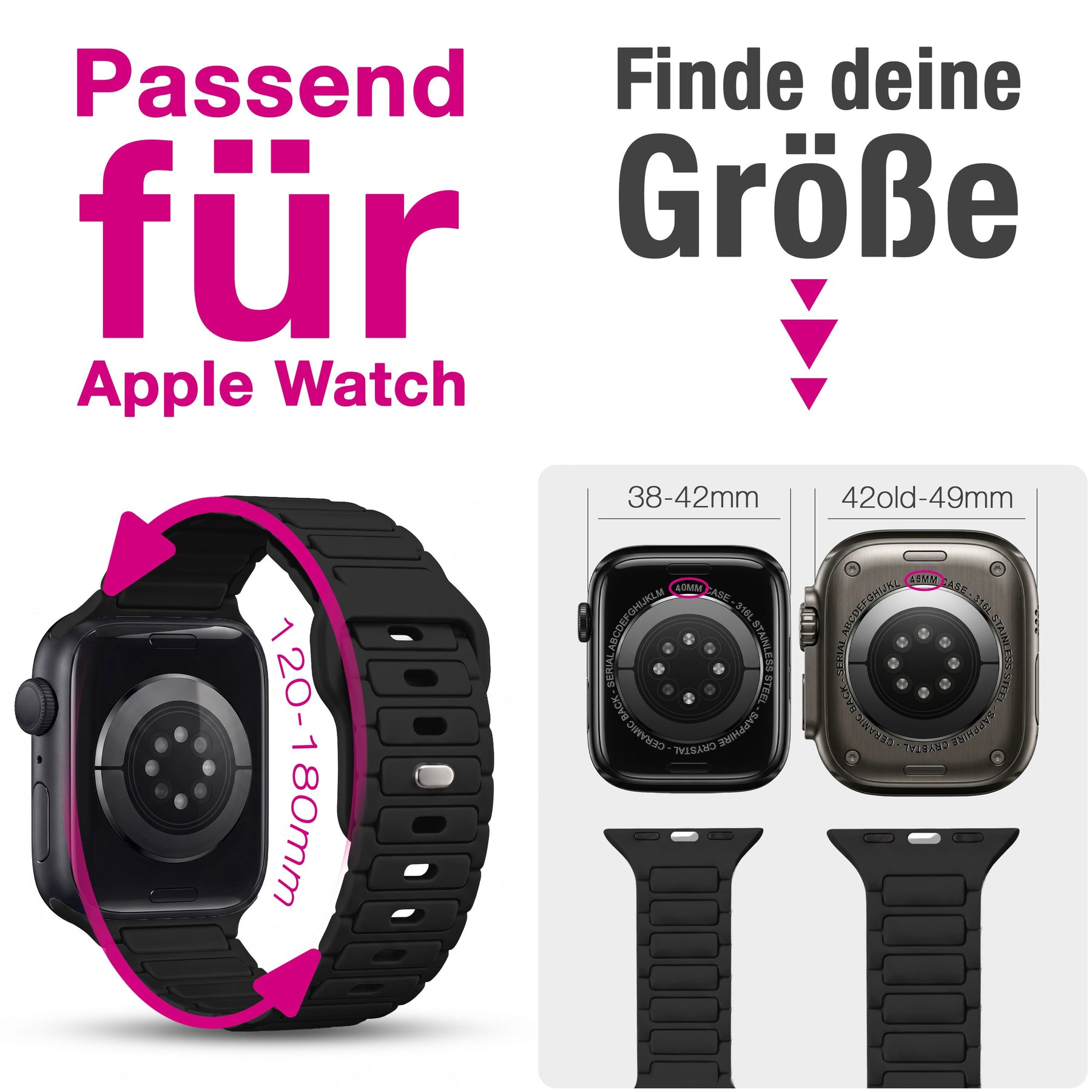 NALIA Pulse Silikon Armband kompatibel mit Apple Watch Armband iWatch Series SE/10/9/8/7/6/5/4/3/2/1, 38/40/41/42mm, 3D Textur Sportarmband mit Steck-Pin Verschluss Nachtschwarz NALIA Silikon Armband