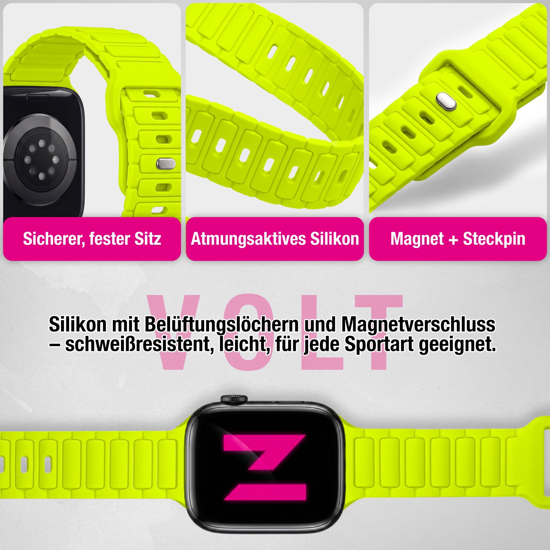 NALIA Pulse Silikon Armband kompatibel mit Apple Watch Armband iWatch Series SE/10/9/8/7/6/5/4/3/2/1, 38/40/41/42mm, 3D Textur Sportarmband mit Steck-Pin Verschluss Neon Gelb NALIA Silikon Armband