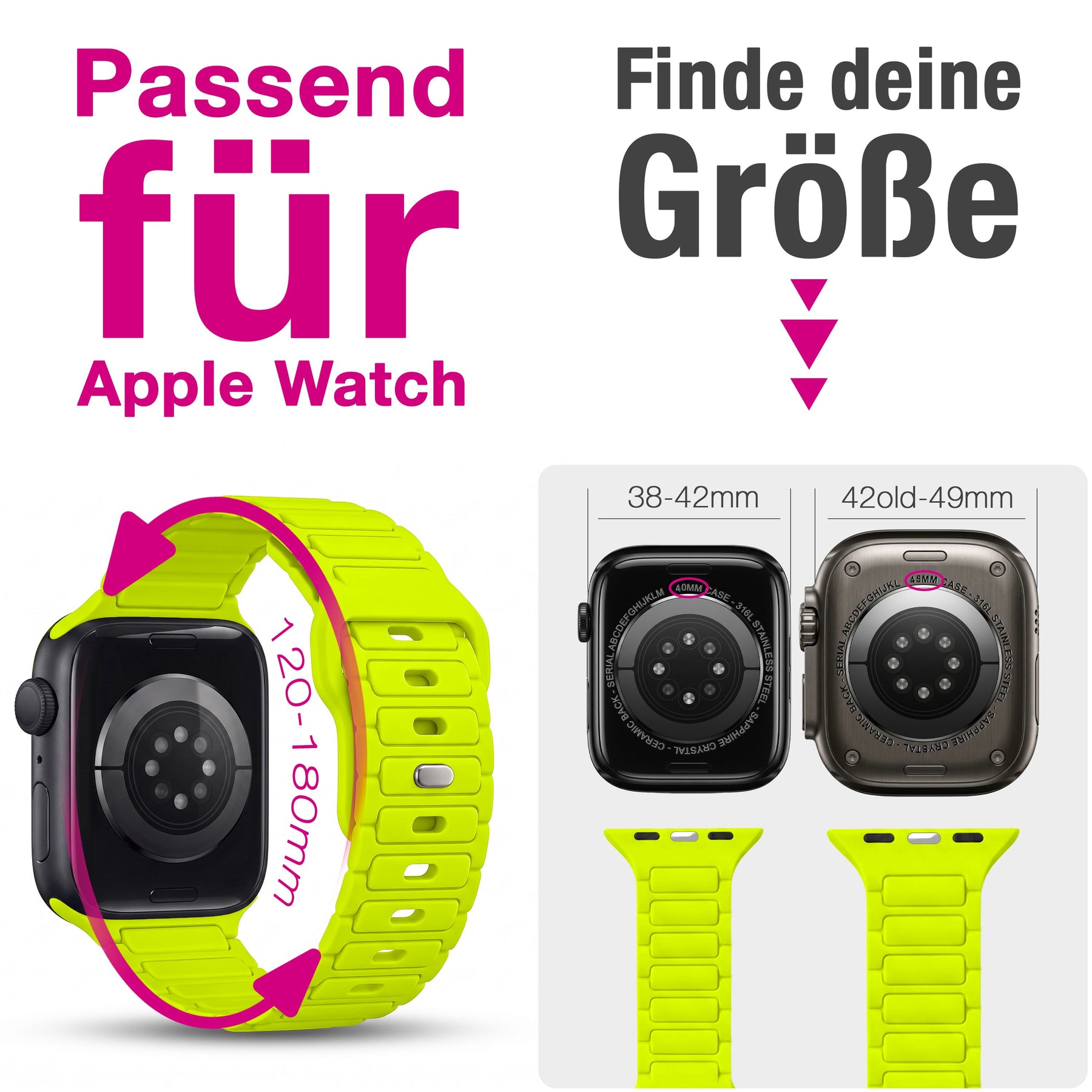 NALIA Pulse Silikon Armband kompatibel mit Apple Watch Armband iWatch Series SE/10/9/8/7/6/5/4/3/2/1, 38/40/41/42mm, 3D Textur Sportarmband mit Steck-Pin Verschluss Neon Gelb NALIA Silikon Armband