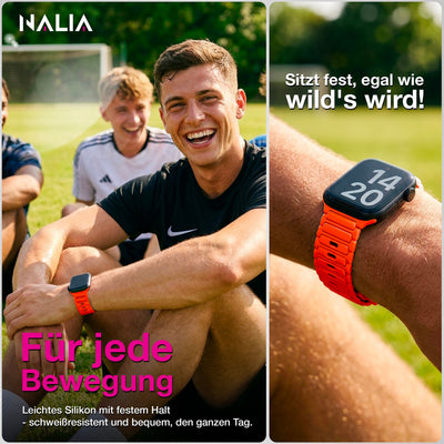 NALIA Pulse Silikon Armband kompatibel mit Apple Watch Armband iWatch Series SE/10/9/8/7/6/5/4/3/2/1, 38/40/41/42mm, 3D Textur Sportarmband mit Steck-Pin Verschluss Neon Orange NALIA Silikon Armband