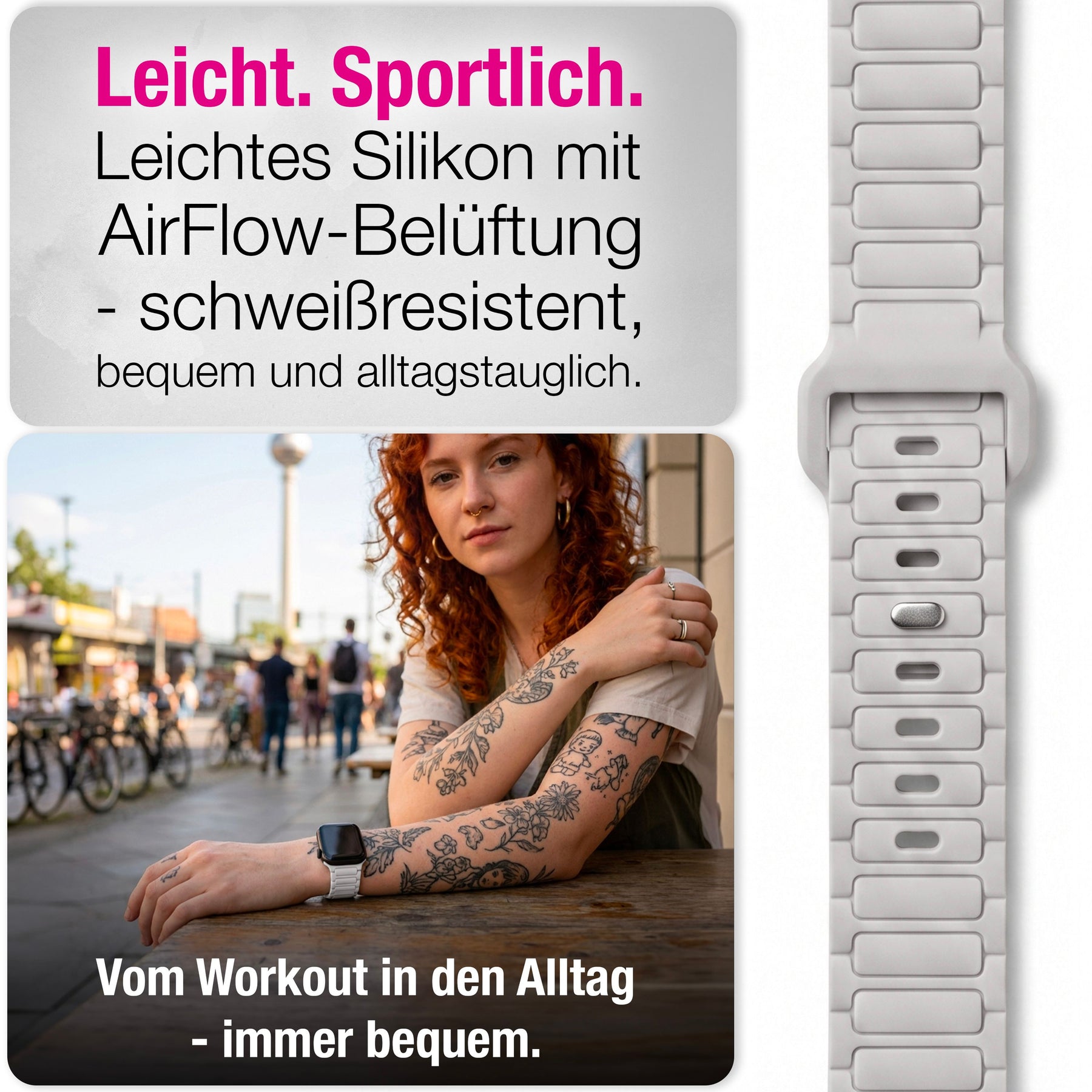NALIA Pulse Silikon Armband kompatibel mit Apple Watch Armband iWatch Series SE/10/9/8/7/6/5/4/3/2/1, 38/40/41/42mm, 3D Textur Sportarmband mit Steck-Pin Verschluss Polarstern Sandweiss NALIA Silikon Armband