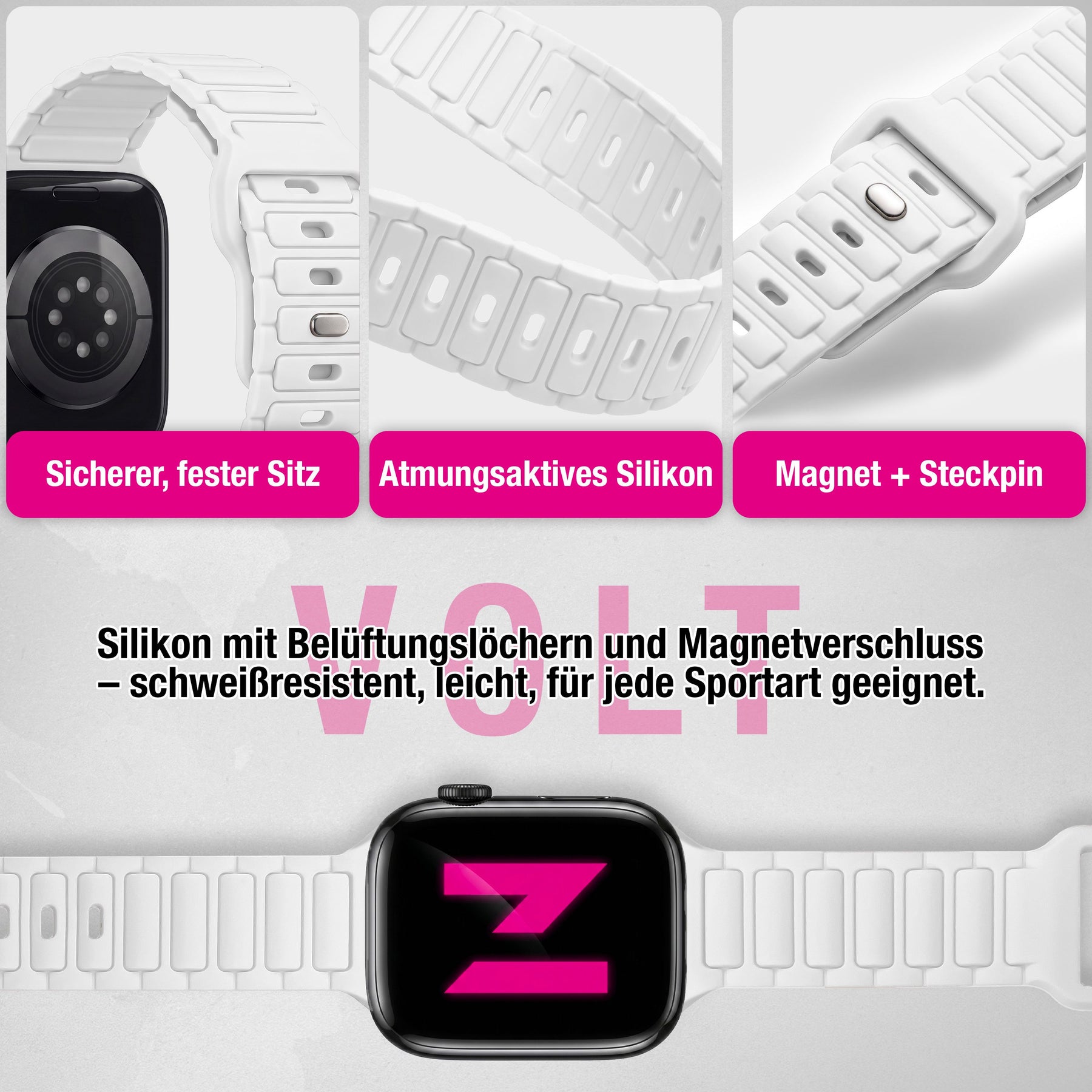 NALIA Pulse Silikon Armband kompatibel mit Apple Watch Armband iWatch Series SE/10/9/8/7/6/5/4/3/2/1, 38/40/41/42mm, 3D Textur Sportarmband mit Steck-Pin Verschluss Polarweiß NALIA Silikon Armband