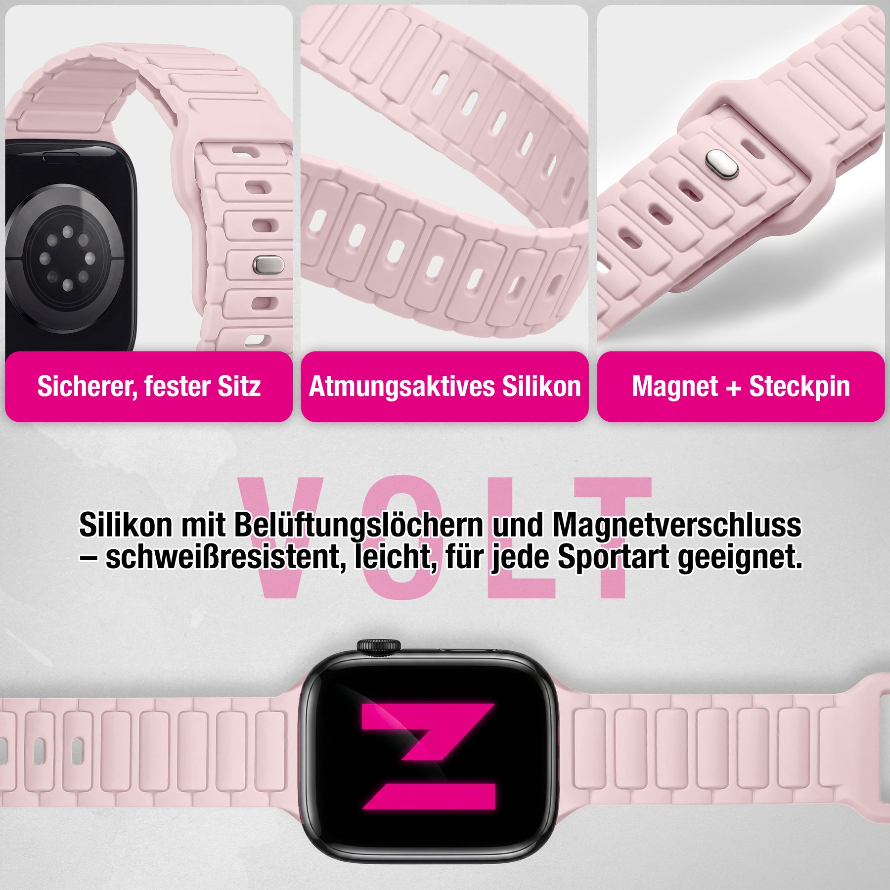 NALIA Pulse Silikon Armband kompatibel mit Apple Watch Armband iWatch Series SE/10/9/8/7/6/5/4/3/2/1, 38/40/41/42mm, 3D Textur Sportarmband mit Steck-Pin Verschluss Zartrosa NALIA Silikon Armband