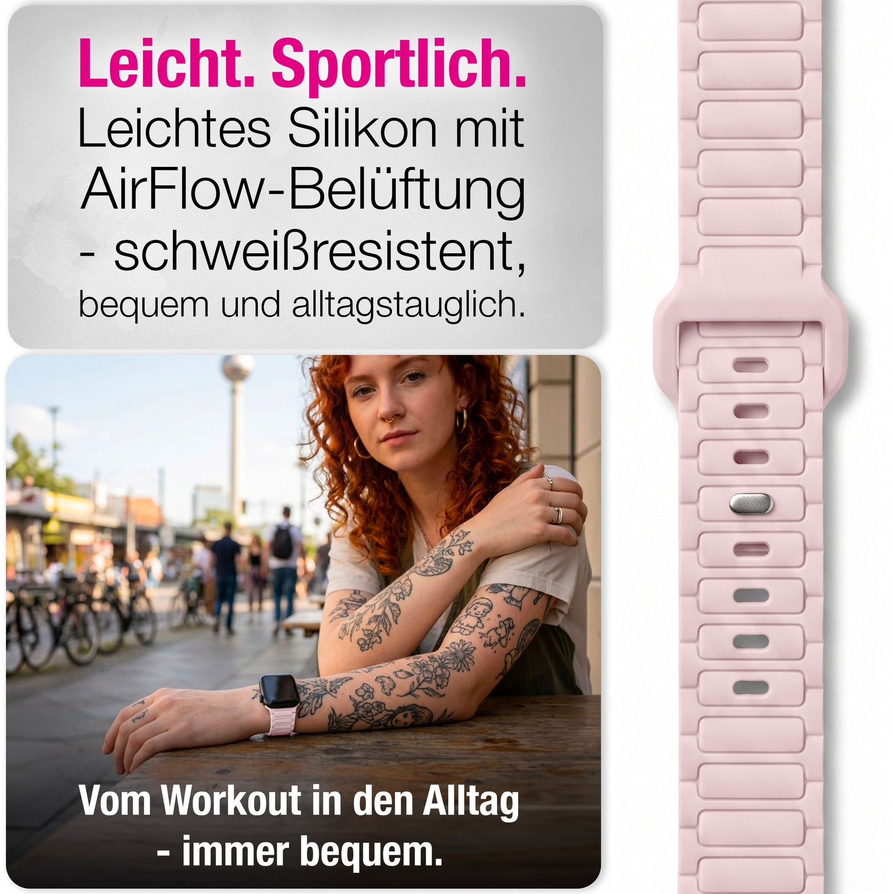 NALIA Pulse Silikon Armband kompatibel mit Apple Watch Armband iWatch Series SE/10/9/8/7/6/5/4/3/2/1, 38/40/41/42mm, 3D Textur Sportarmband mit Steck-Pin Verschluss Zartrosa NALIA Silikon Armband