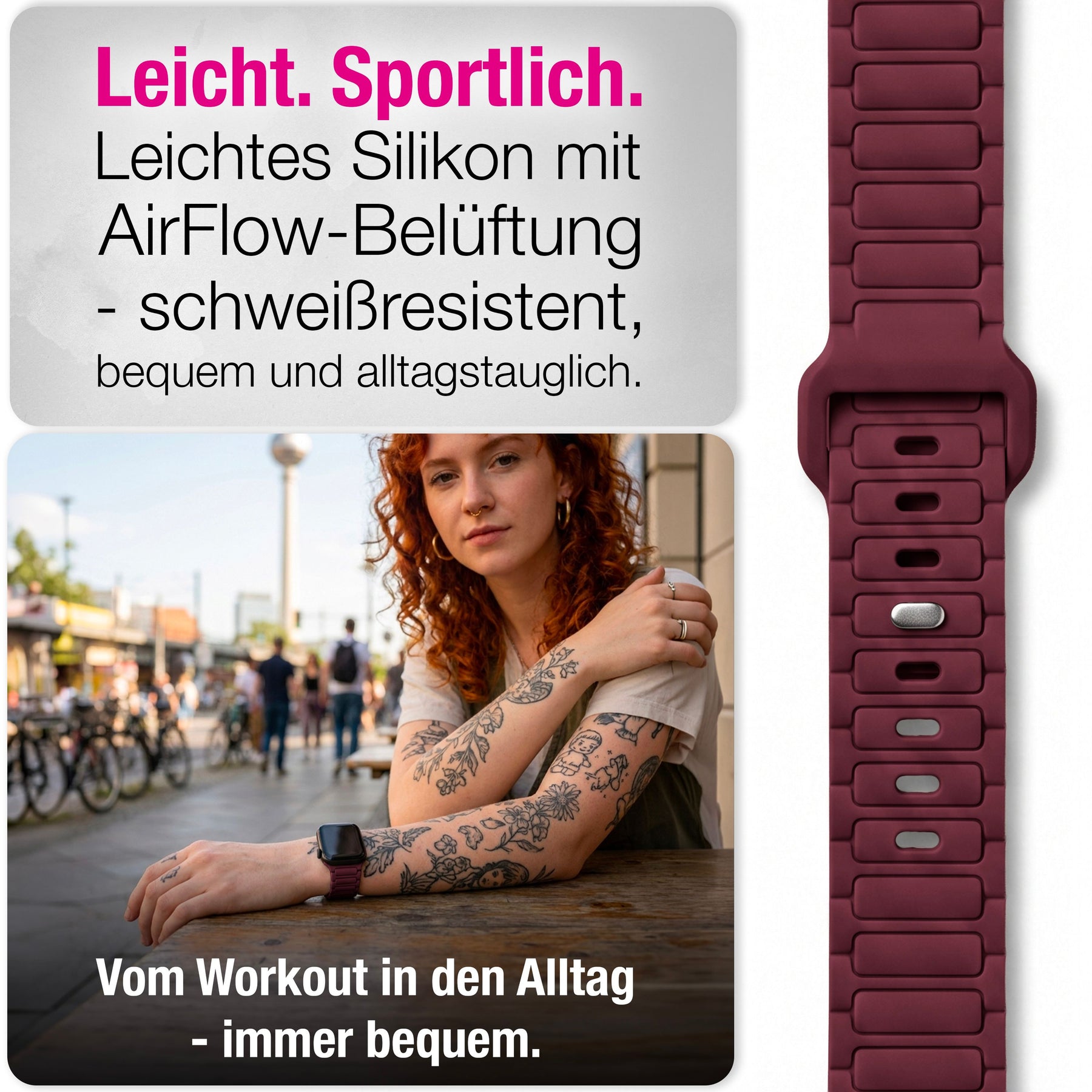 NALIA Pulse Silikon Armband kompatibel mit Apple Watch Armband iWatch Series Ultra/SE 10 9 8 7 6 5 4 3 2 1, 42/44/45/46/49mm, 3D Sportarmband mit Steck-Pin Verschluss Bordeauxrot NALIA Silikon Armband