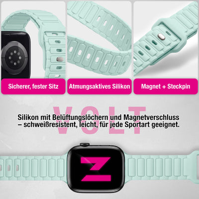 NALIA Pulse Silikon Armband kompatibel mit Apple Watch Armband iWatch Series Ultra/SE 10 9 8 7 6 5 4 3 2 1, 42/44/45/46/49mm, 3D Sportarmband mit Steck-Pin Verschluss Eisminze NALIA Silikon Armband