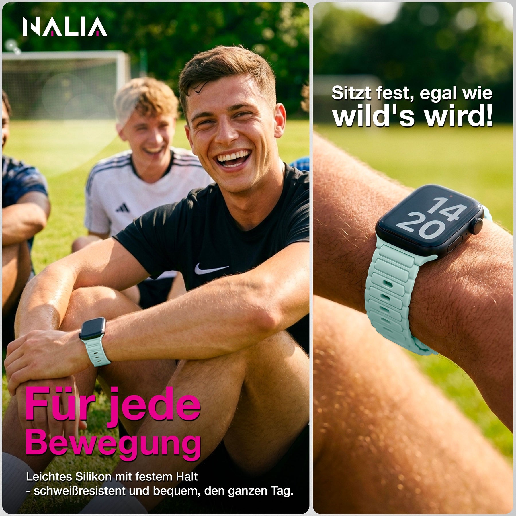 NALIA Pulse Silikon Armband kompatibel mit Apple Watch Armband iWatch Series Ultra/SE 10 9 8 7 6 5 4 3 2 1, 42/44/45/46/49mm, 3D Sportarmband mit Steck-Pin Verschluss Eisminze NALIA Silikon Armband